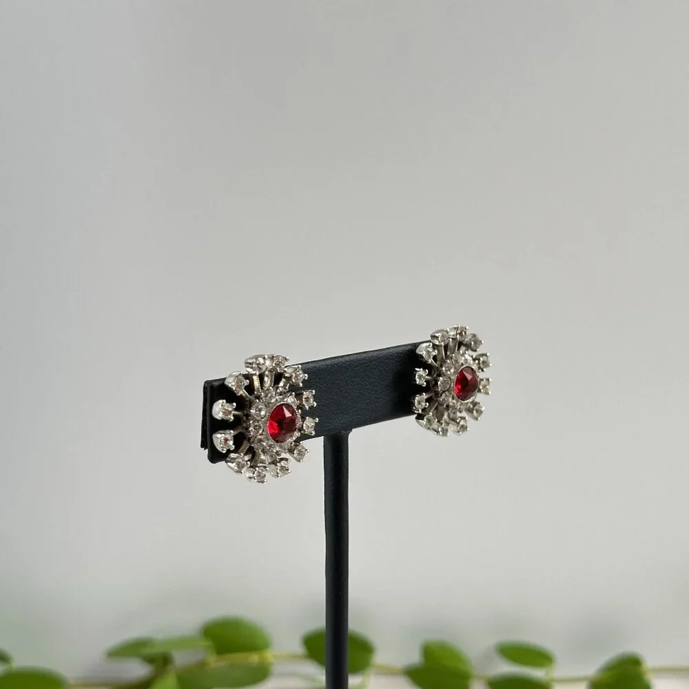 Vintage Sterling Clip-On Earrings, 1940s Rhinestone Starburst - Picture 5 of 7